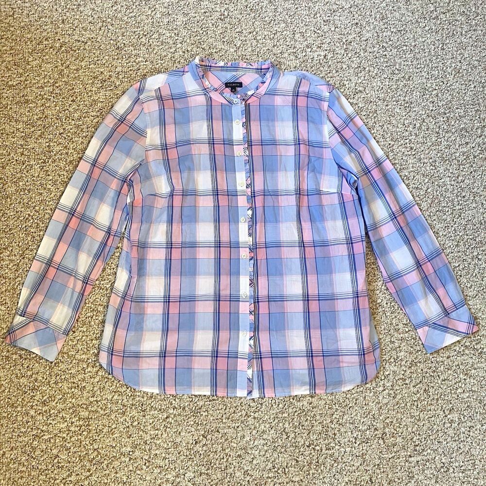 Talbots Womens Plaid Button Up Shirt Size XL Mandarin Collar Cottage Pink Pastel
